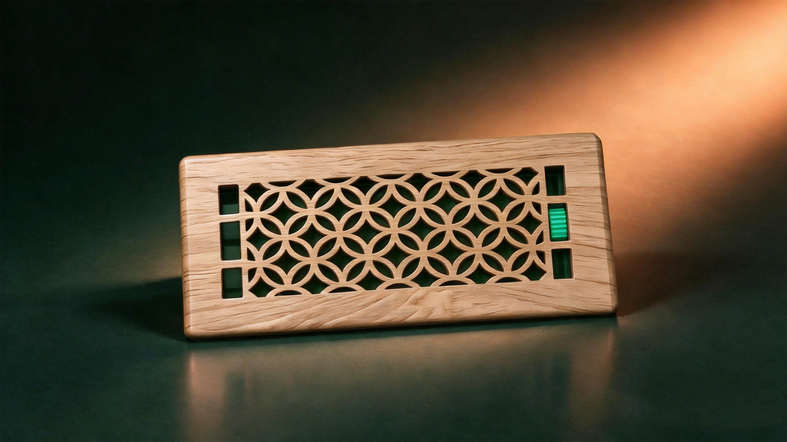 Praxnov High-Efficiency Adjustable Vents with wood grain finish, dark background warm lighting, green adjustment slider
